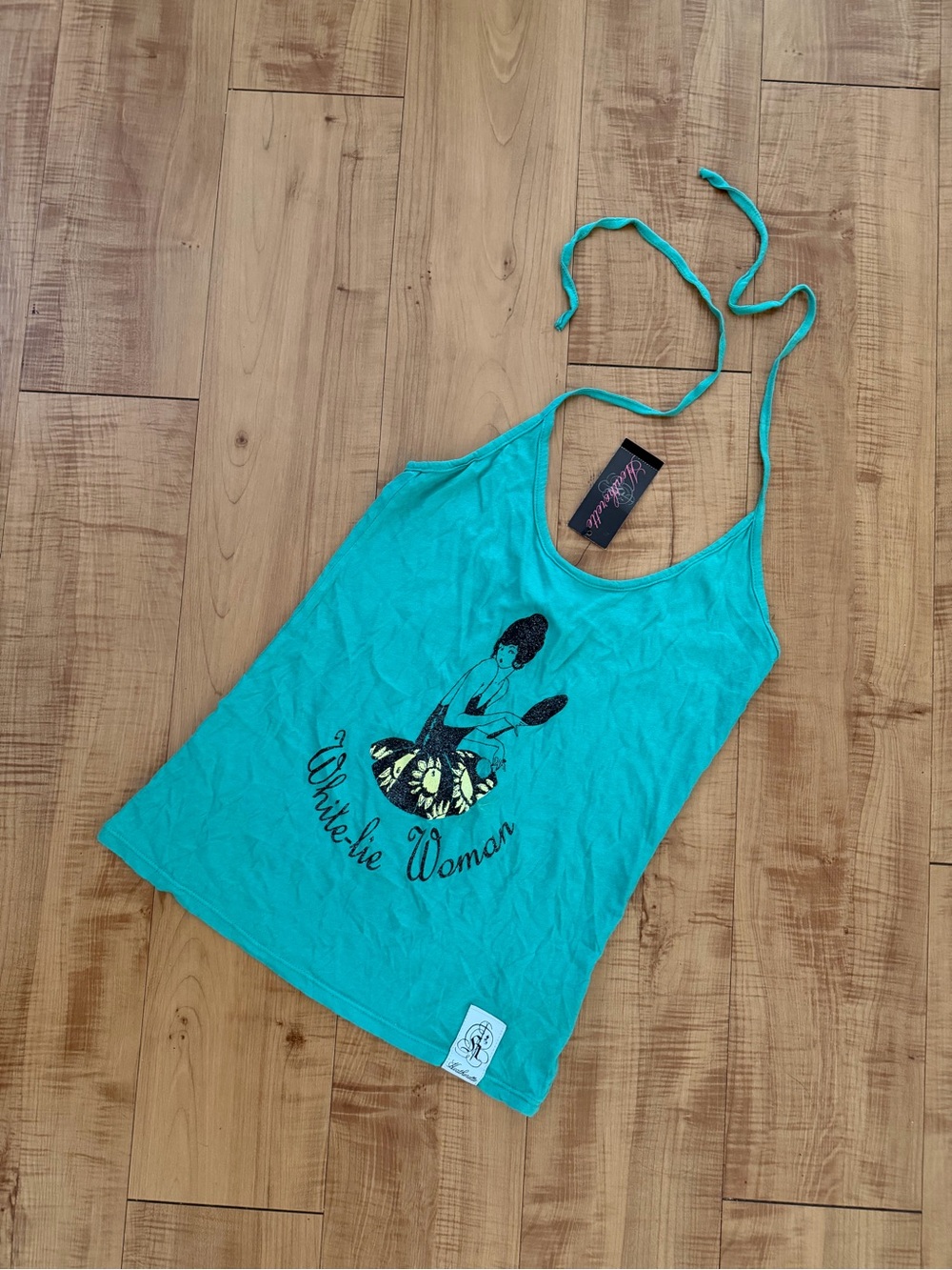 Vintage 90’s Halter Soft Cotton Tank Top BNWT “White Lie Woman” Graphic
